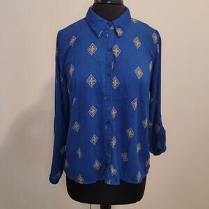 Knapp Studio Women’s PL Blue Medallion Abstract Button-Up Blouse GUC